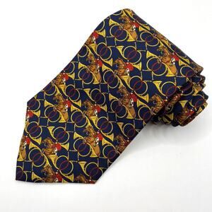 Paul Fredrick Equestrian Horse Mens Italian Silk Tie Necktie Navy Gold Horns USA